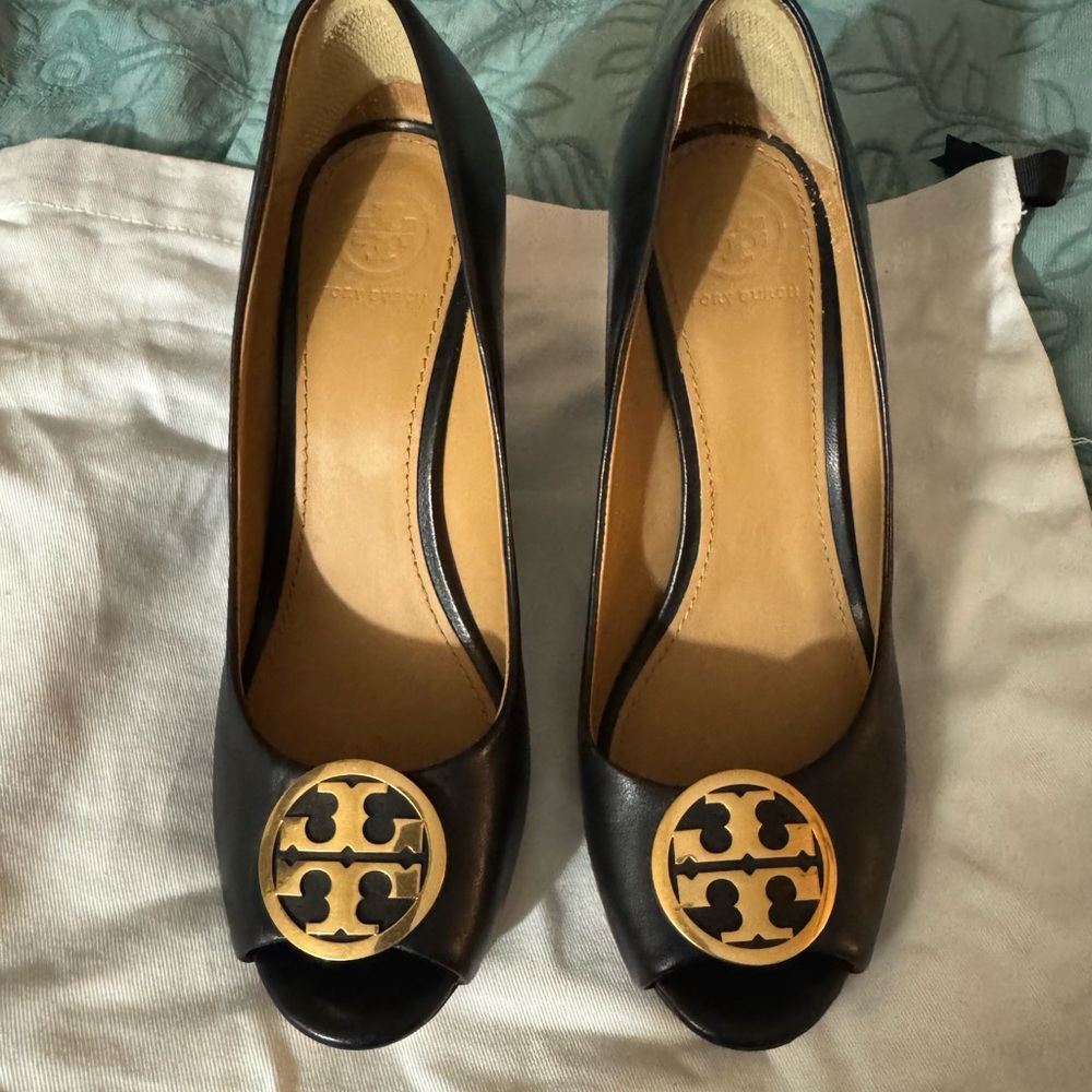 Tory Burch Black Peep-Toe Wedge Heels with Gold Logo